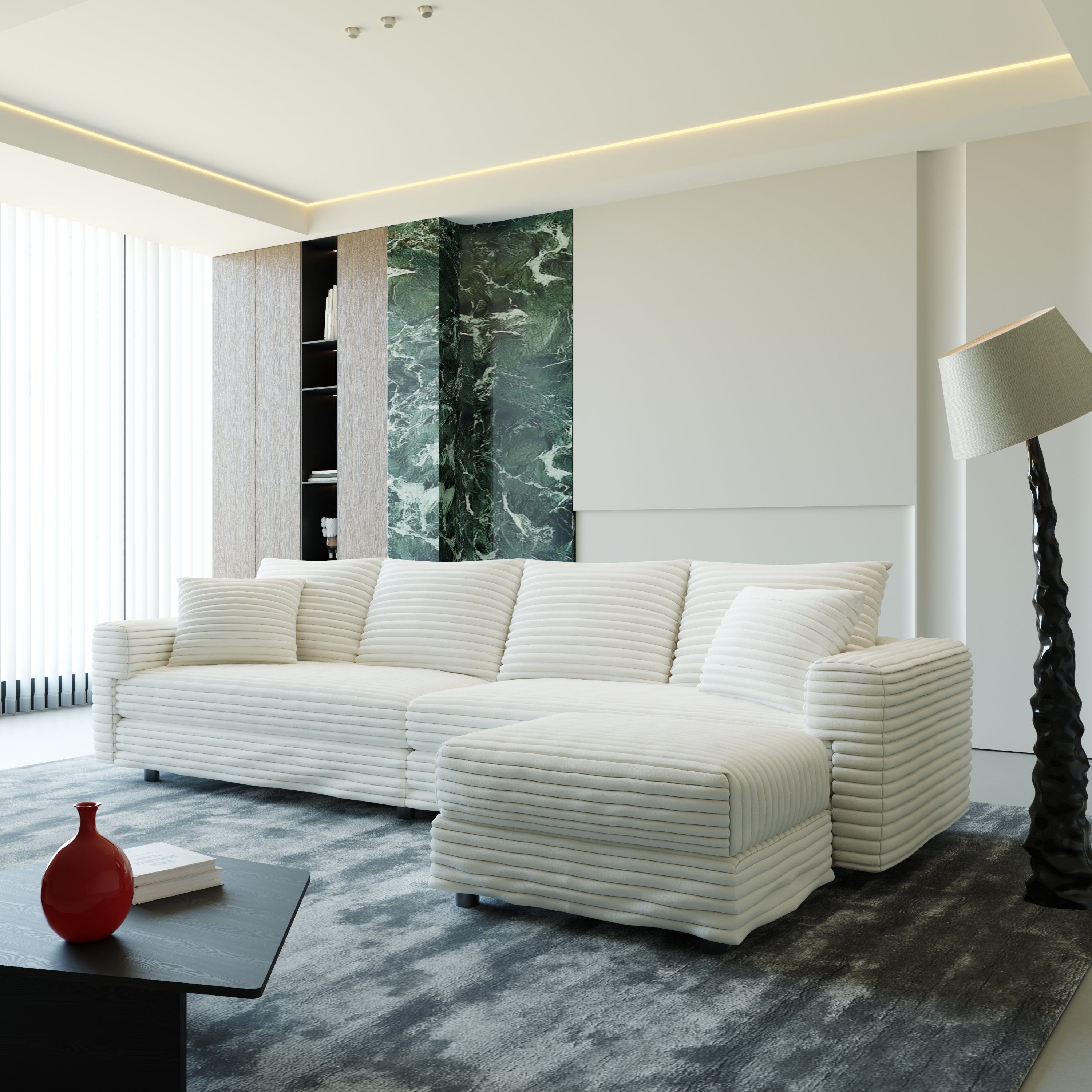 102.4 'Plush Corduroy 4-Seat Sofa,Modern Comfy Upholstered Sofa Cloud Couch,Deep Seat Couches with Soft Pillows and 3 Ottomans,Convertible Sofa Lounge Chair,Black(Old SKU:W1885S00287)
