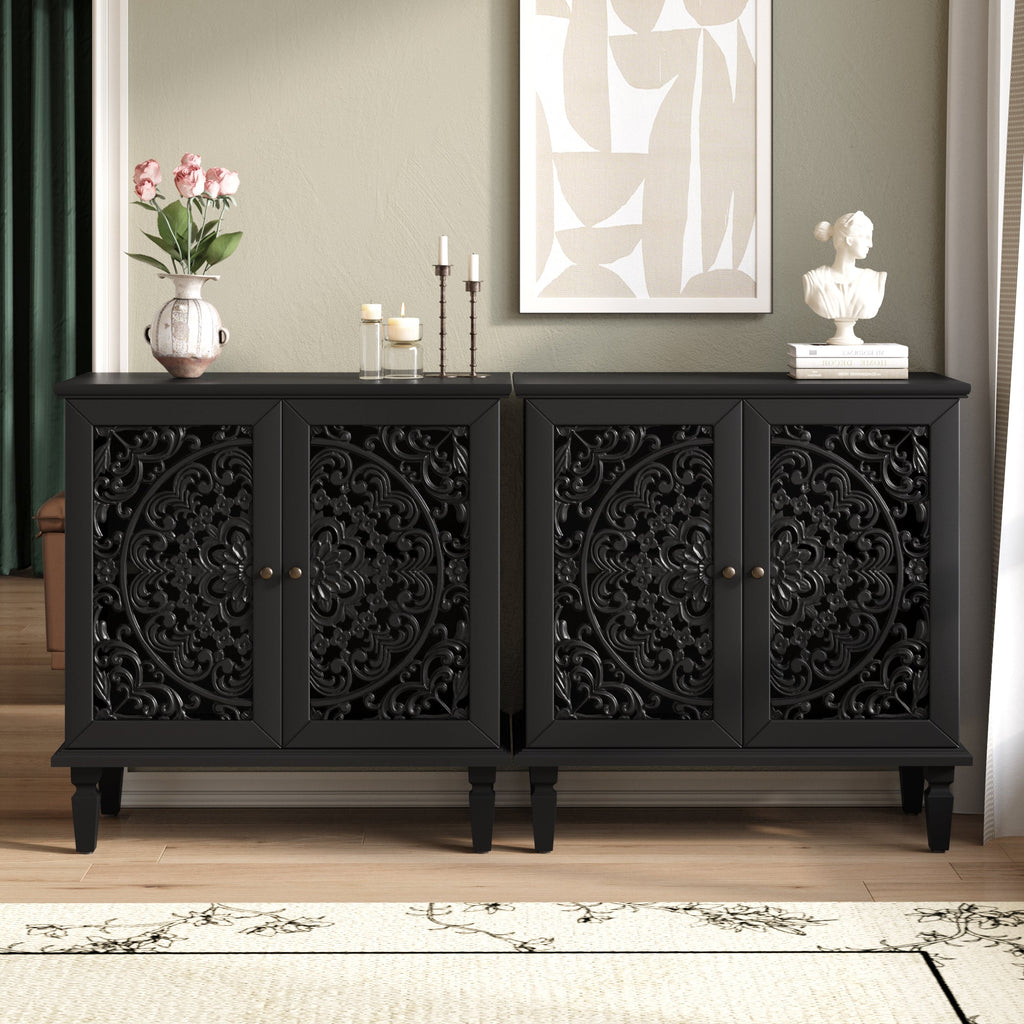 Vintage Hollow-Carved Accent Cabinet, 2-Door Display Storage Sideboard with Symmetrical Floral Design, Adjustable Shelf and Solid Wood Legs for Living Room Entryway(Antique Green)