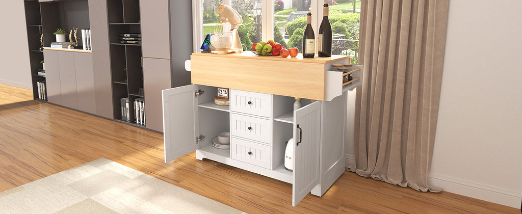 K&K 55.7'' Large Kitchen Island with 2 Drop Leaf,, Rolling Kitchen Cart on 5 Wheels with Power Outlet, Folding Storage Dining Table with Spice & Towel Rack , 3 Drawers, for Kitchen, Dining Room,Black