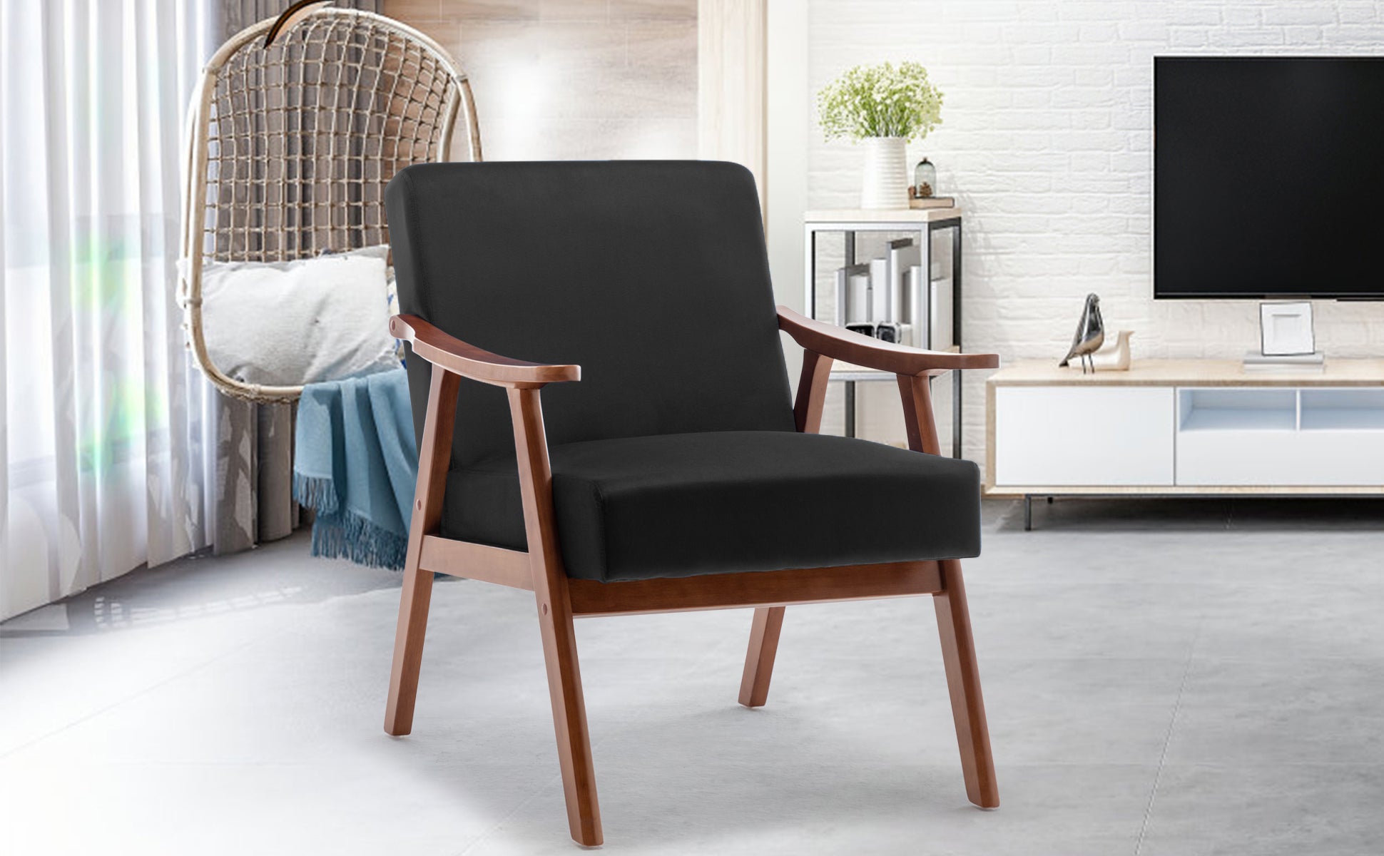 Velvet Mid-Century Wingback Accent Chair — Wood Frame & Thick Backrest