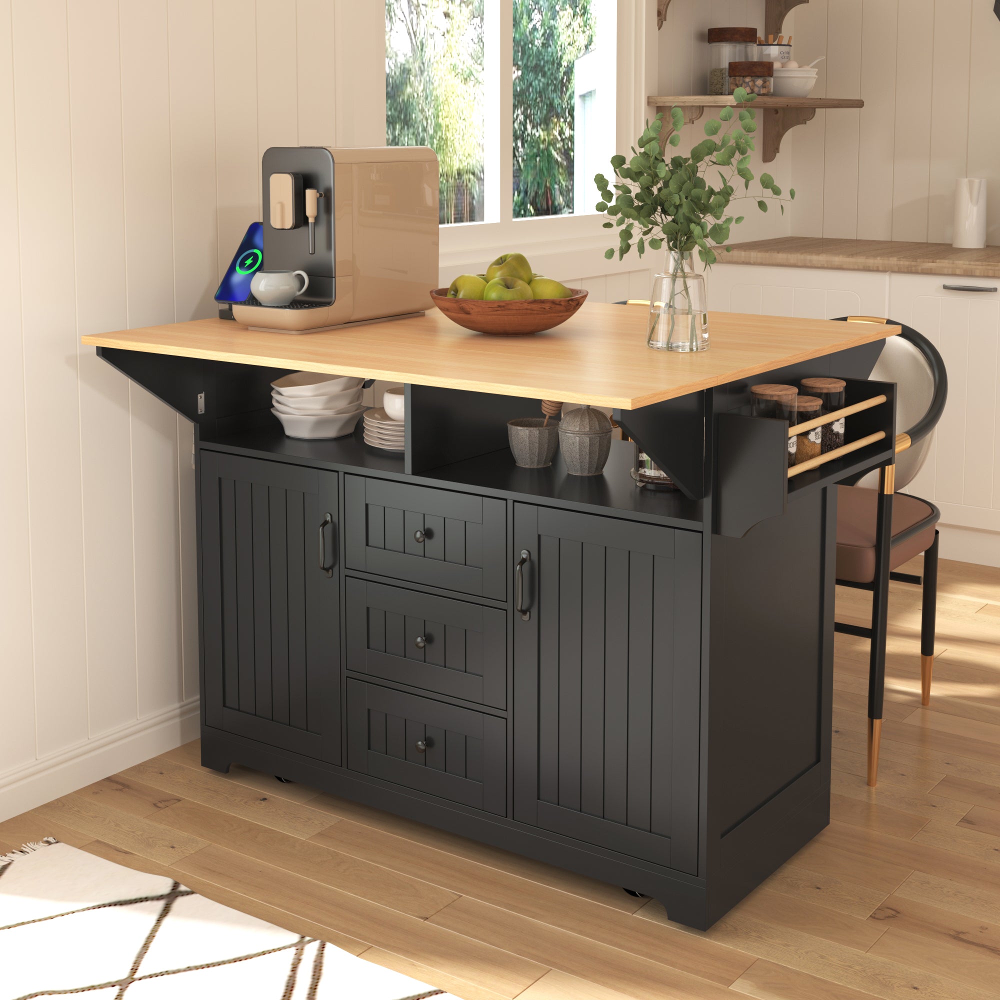 K&K 55.7'' Large Kitchen Island with 2 Drop Leaf,, Rolling Kitchen Cart on 5 Wheels with Power Outlet, Folding Storage Dining Table with Spice & Towel Rack , 3 Drawers, for Kitchen, Dining Room,Black