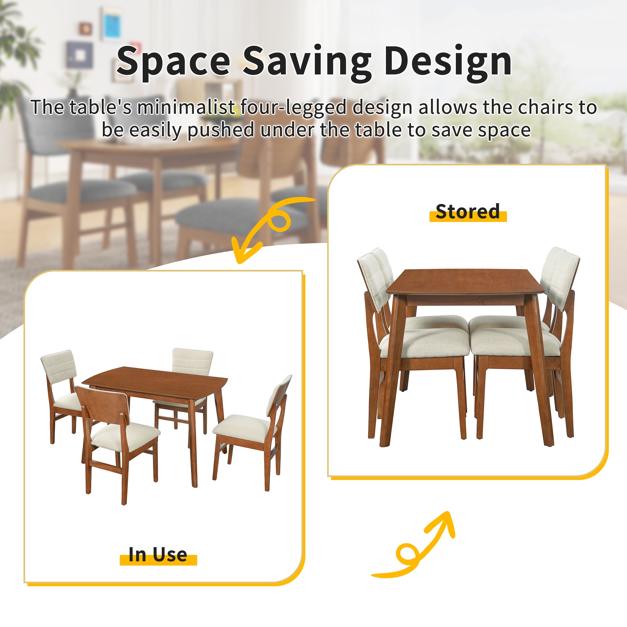 Farmhouse Dining Table Set for 4, Wood Kitchen Table & 4 Upholstered Chairs with Sturdy Rubber Wood Frame, Padded Seat, Curved Backrest, Space-Saving Dinette Set for Dining Room, Brown+Gray