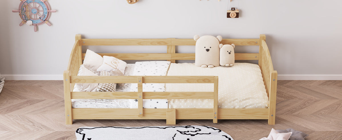 Twin Montessori Floor Bed with Slats and Safety Guardrails, Solid Wood Floor Bed with Fence and Without Door, Easy Assemble Montessori Bed for Girls and Boys, Gray