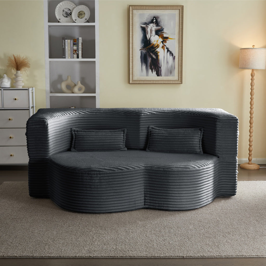 Modern Floor Sofa with 2 Pillows, Convertible Plush Corduroy Foam-Filled Sleeper Sofa Bed,15 ' Full Size Folding Mattress for Living Room, Guest Bed, no assembly required, Light Grey