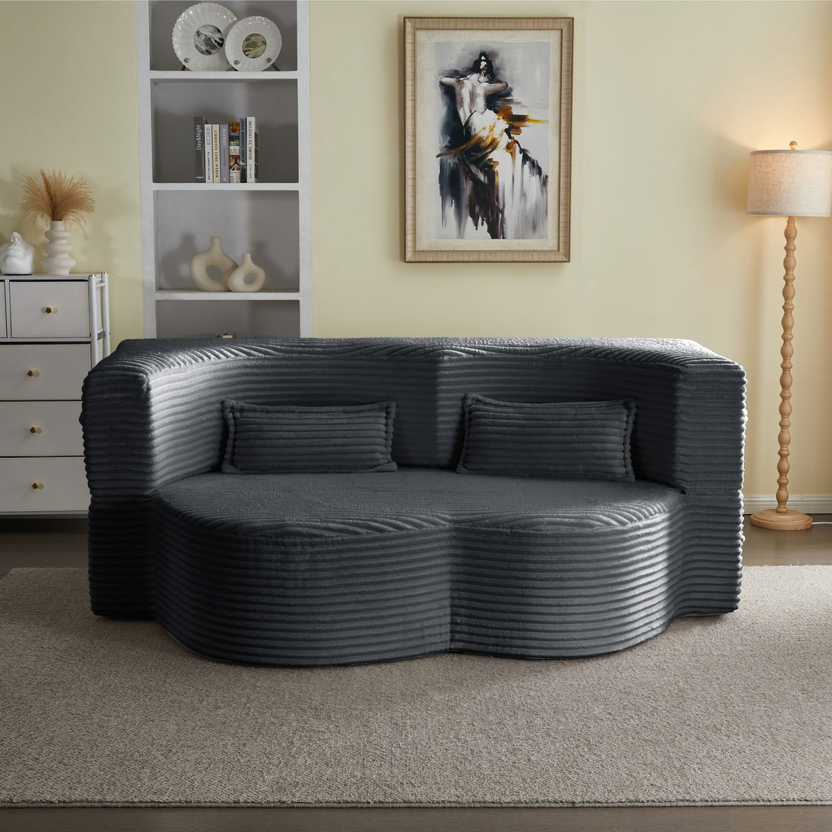 Modern Floor Sofa with 2 Pillows, Convertible Plush Corduroy Foam-Filled Sleeper Sofa Bed,15 ' Full Size Folding Mattress for Living Room, Guest Bed, no assembly required, Light Grey