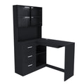 Black L-shaped computer desk with glass cabinets — front view
