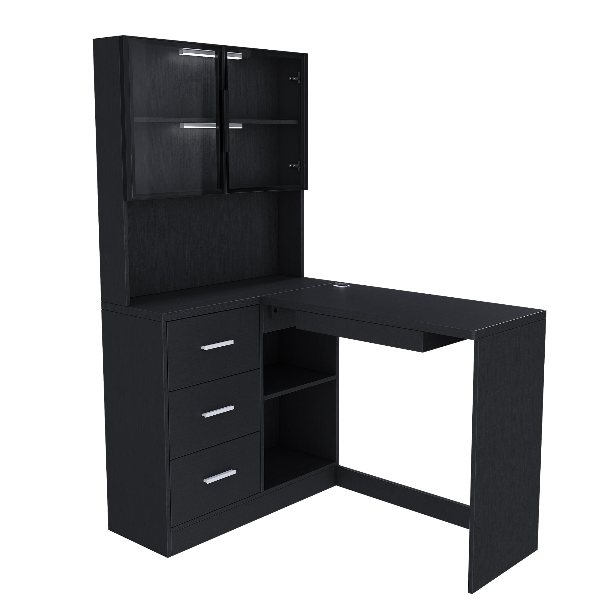 L-Shaped Computer Desk with Glass Cabinets, LED Lights & USB Charging — 43-Inch