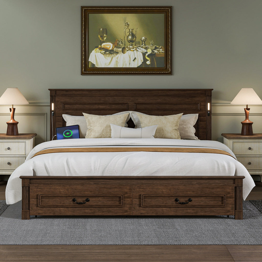 King Size Bed with Tall-Panel Headboard & Footboard, 2 Storage Drawers, Built-in LED Lights, USB Charging Station, Pinewood Bed with Strengthened Bed Frame ,White
