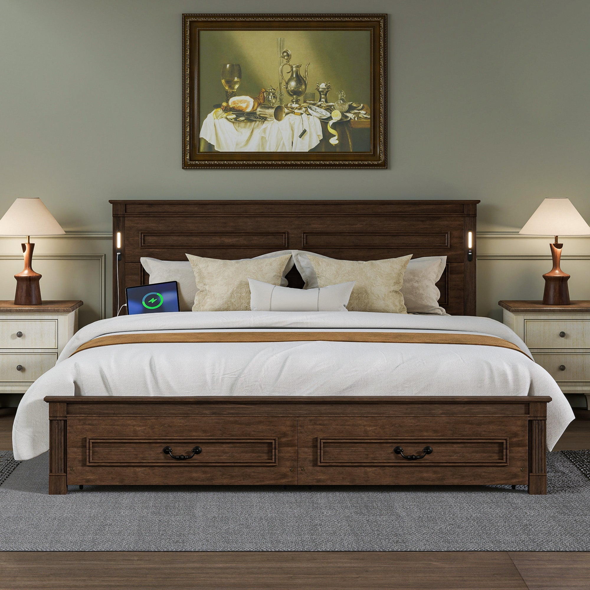 King Size Bed with Tall-Panel Headboard & Footboard, 2 Storage Drawers, Built-in LED Lights, USB Charging Station, Pinewood Bed with Strengthened Bed Frame ,White