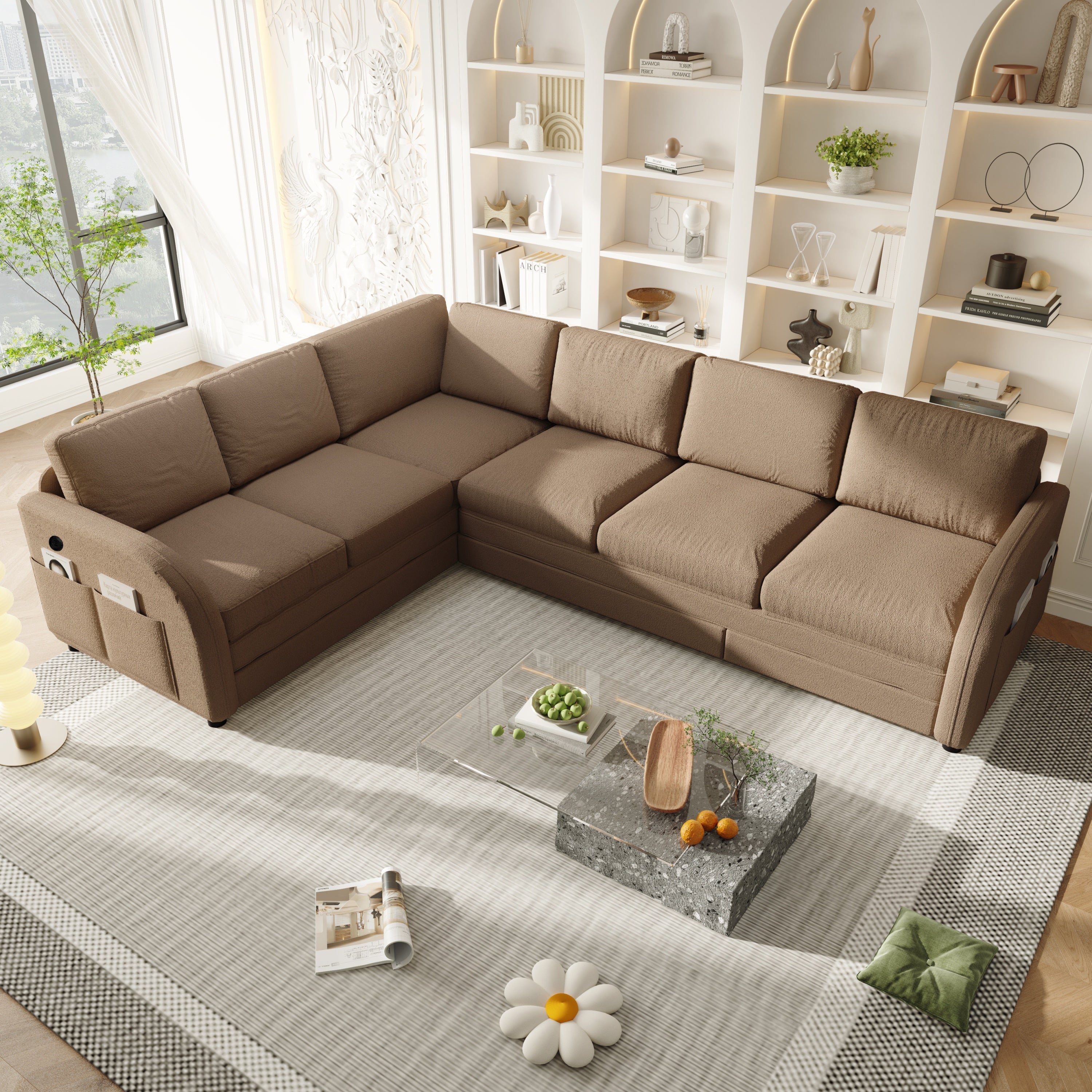 115.2' L-Shaped Sofa Couch with Pull-Out Bed,Oversize Convertible Sleeper Sofa with side Pocket & USB Port,Teddy Upholstered Sectional Couches with Convert Left/Right Facing, Light Grey