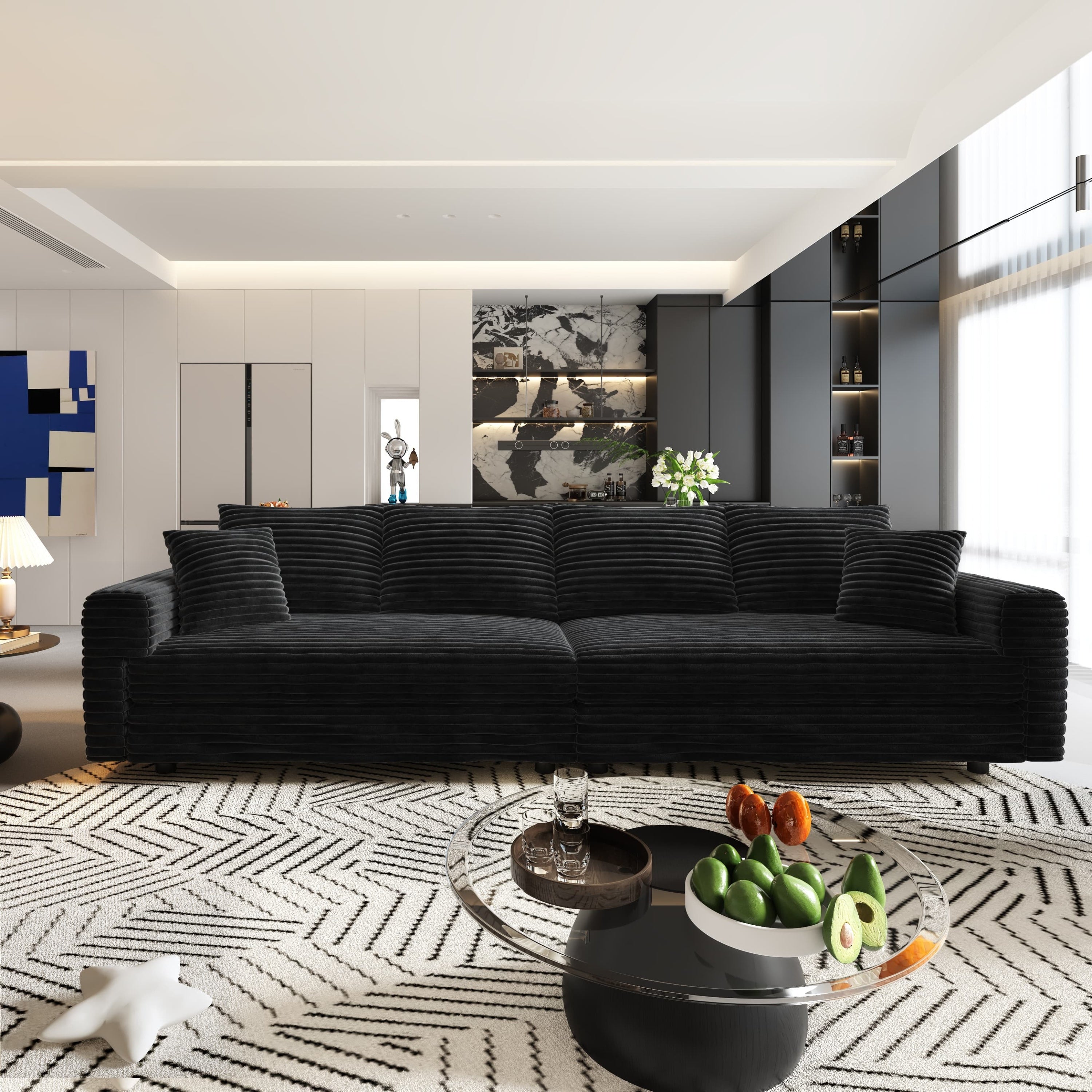 102.4 'Plush Corduroy 4-Seat Sofa,Modern Comfy Upholstered Sofa Cloud Couch,Deep Seat Couches with Soft Pillows and 3 Ottomans,Convertible Sofa Lounge Chair,Black(Old SKU:W1885S00287)