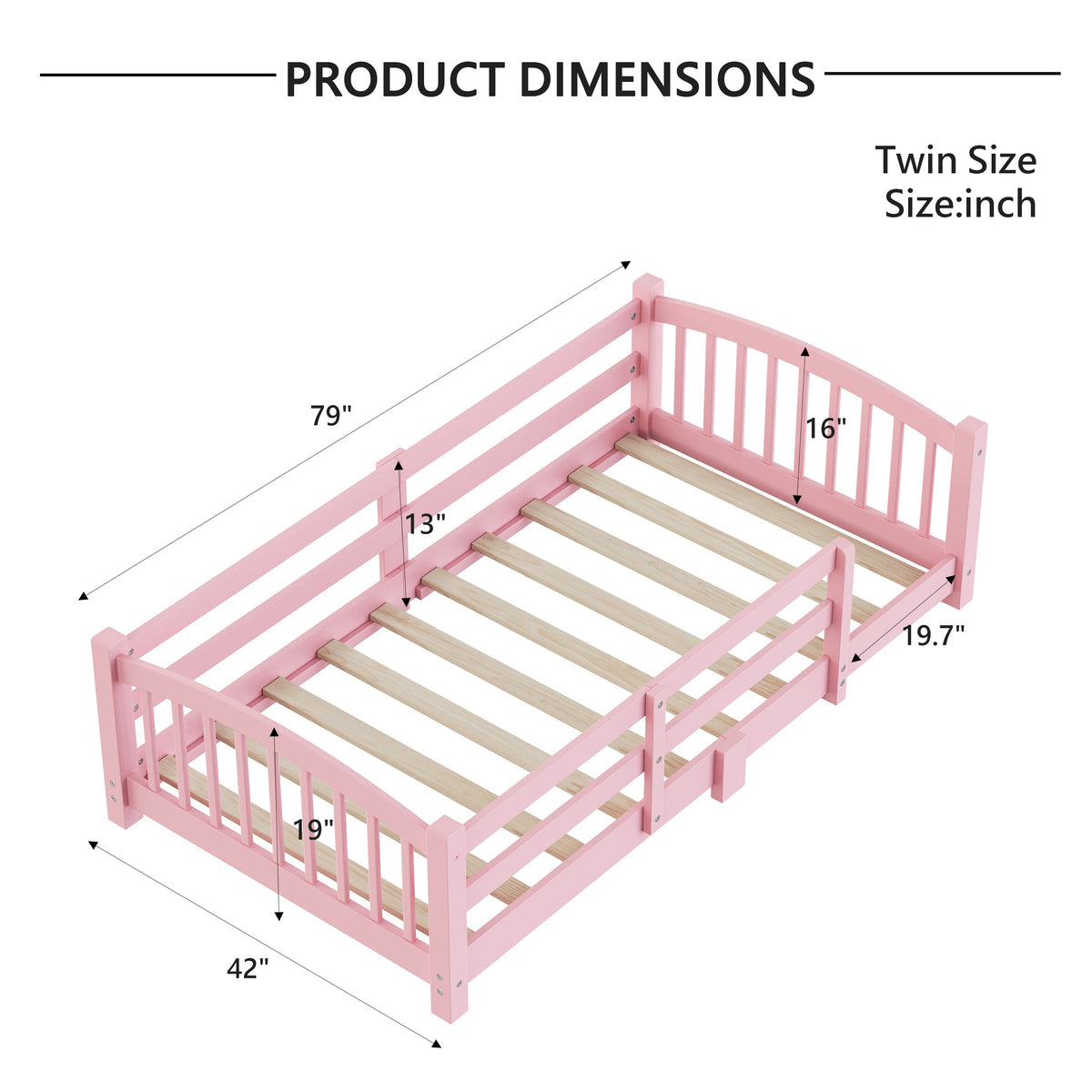 Twin Montessori Floor Bed with Slats and Safety Guardrails, Solid Wood Floor Bed with Fence and Without Door, Easy Assemble Montessori Bed for Girls and Boys, Gray