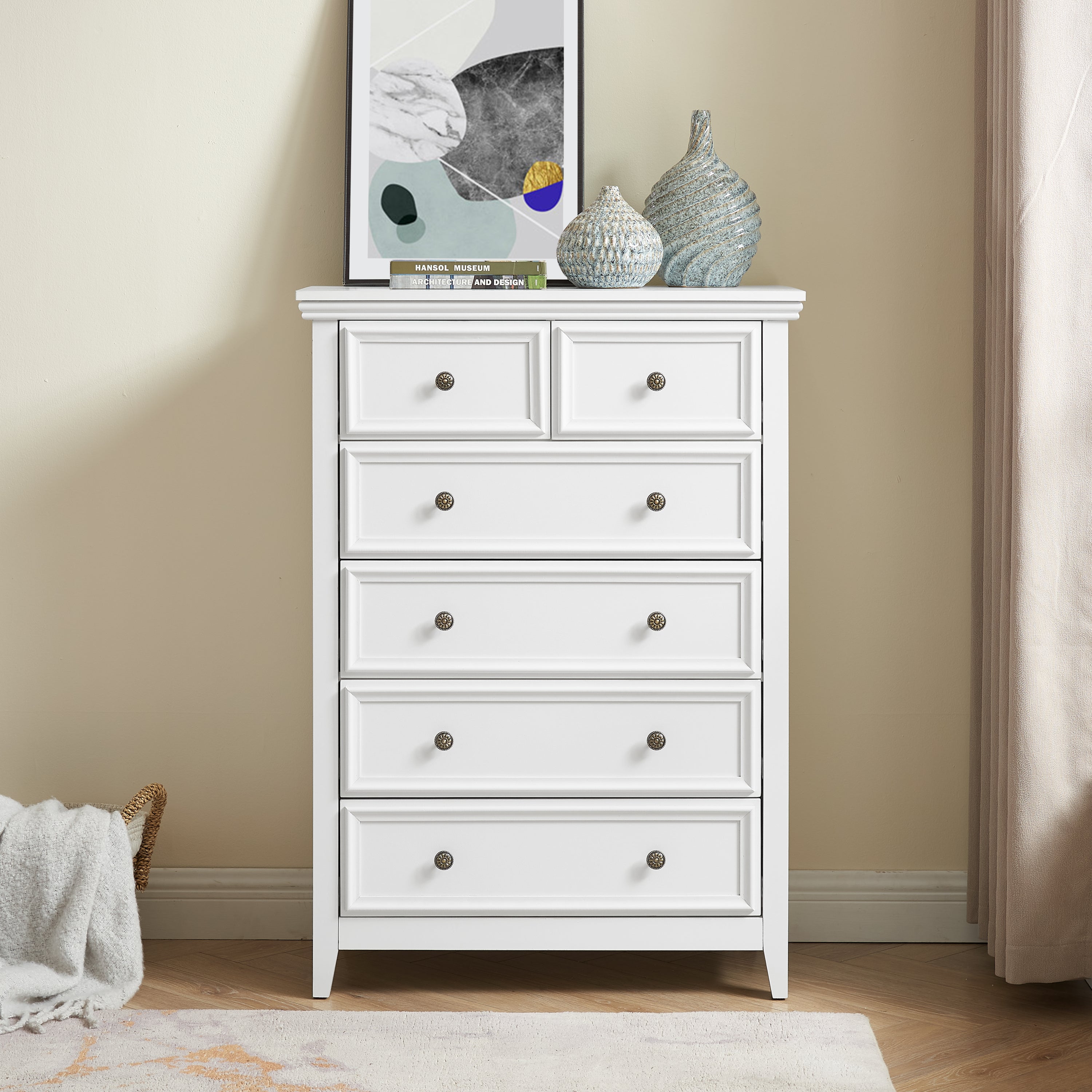 White modern 6-drawer dresser chest of drawers — front view