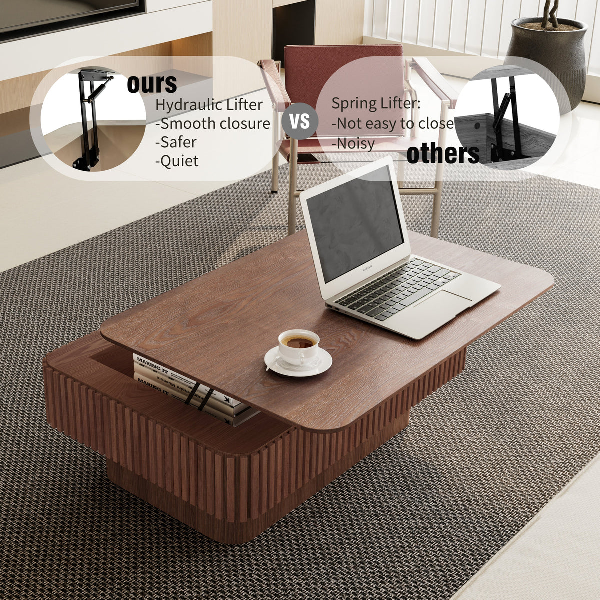 38.6'' Fluted Lift-top Coffee Table Solid Wood Veneered Modern Coffee Table Accent Tea Table with Storage and Adjustable Height for Living Room, Bedroom, Apartment or Office, Grey