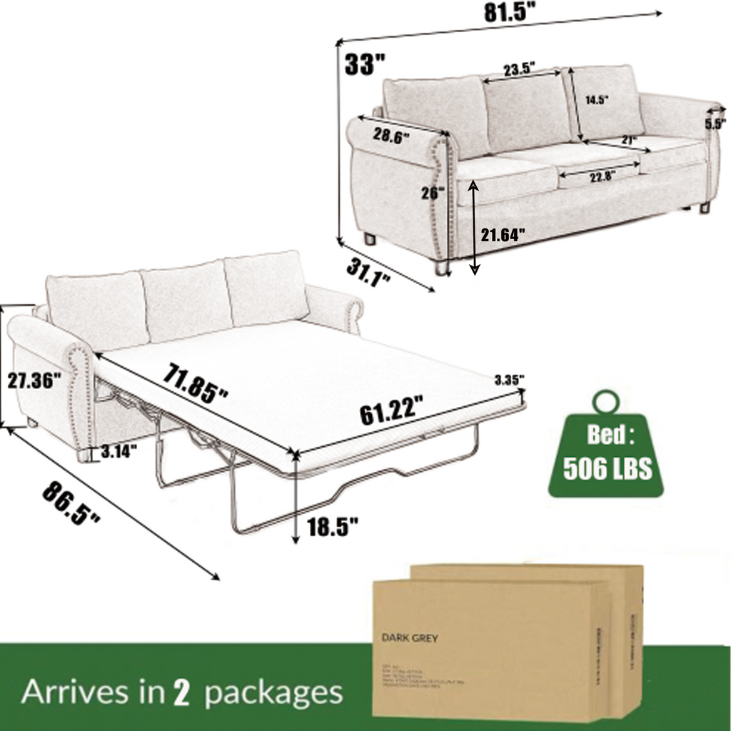 [NEW ARRIVED] [VIDEO PROVIDED] 81.5' 2-in-1 Queen Convertible Sleeper Sofa Bed, Pull Out Couch Bed,3 seater sofa bed,with 3.35' Memory Foam Mattress ,Rivet handrail,Beige(Old sku:W2108S00091)