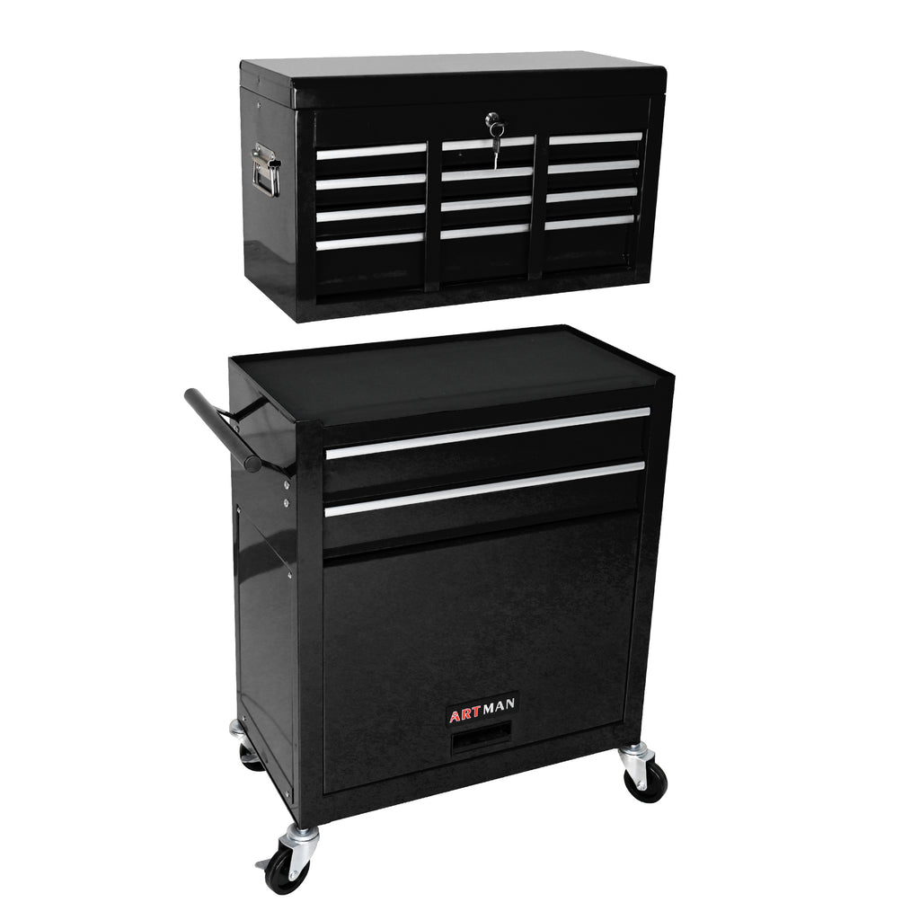 Black powder-coated steel tool cabinet drawer open