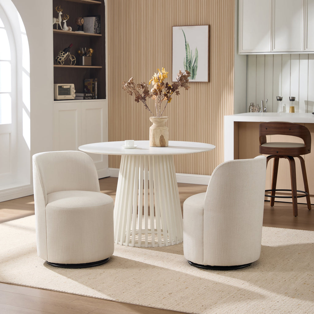 Set Of 1 Upholstered Kitchen & Dining Room Barrel Chair, Mid Century Modern Round Linen Dining Chair, 360 Degree Swivel Comfy Armless Accent Makeup Vanity Side Chair for Bedroom Living Room