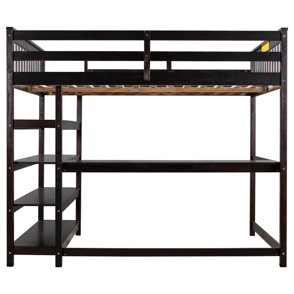 Desk surface and shelving underneath loft bed