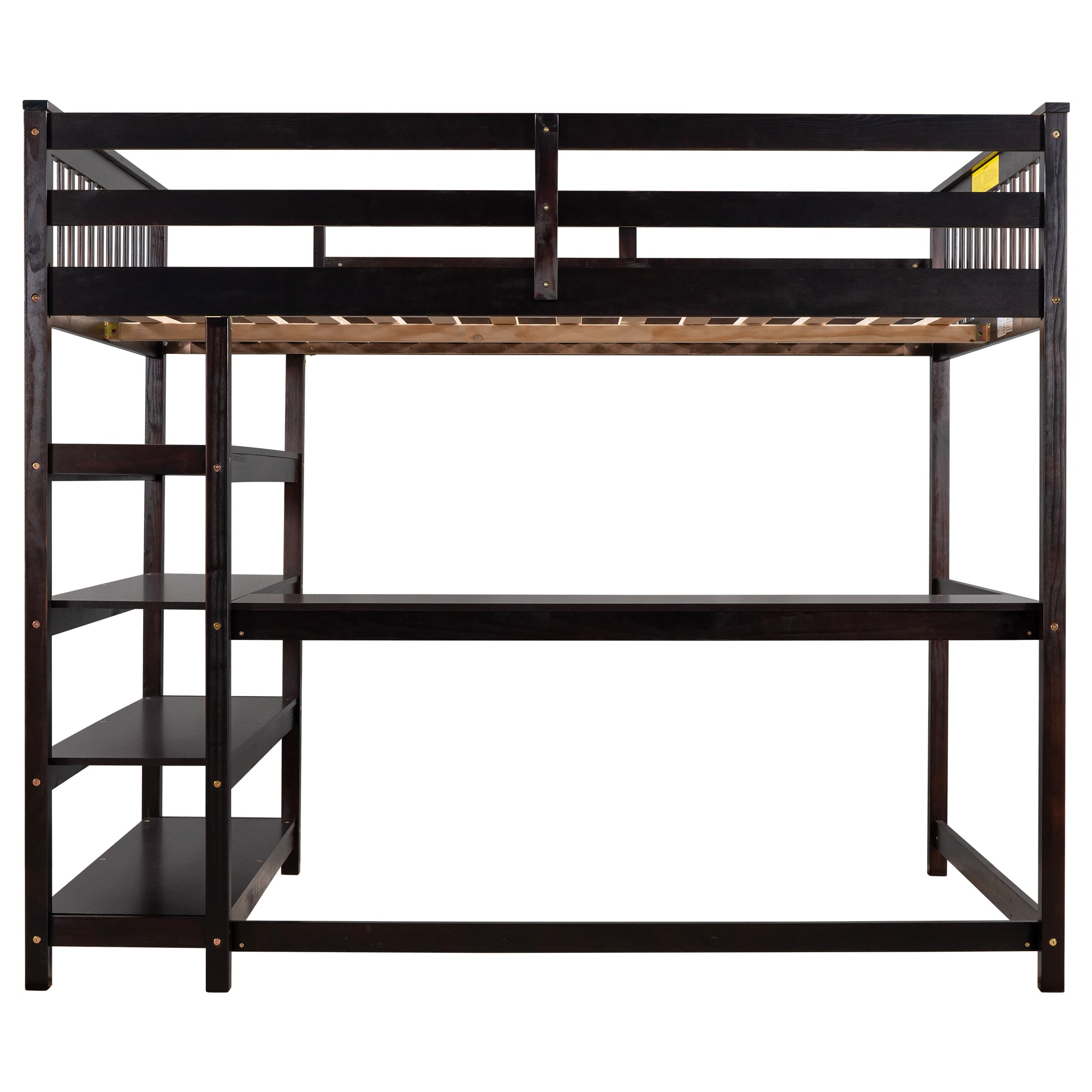 Desk surface and shelving underneath loft bed