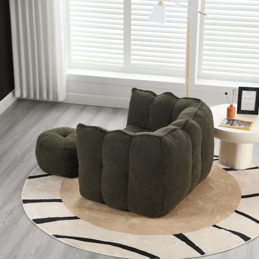Olive green bean bag and footstool set detail