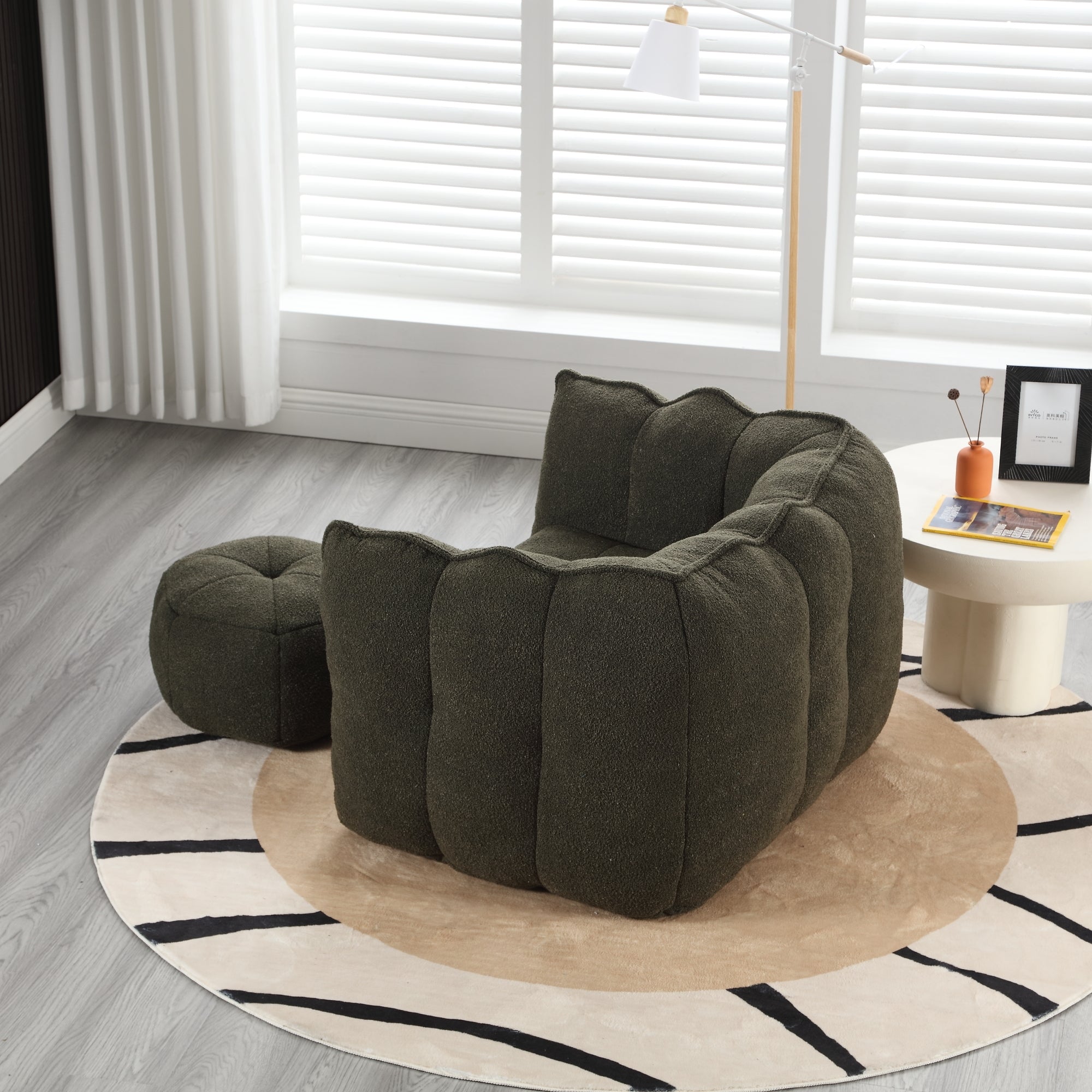 Olive green bean bag and footstool set detail