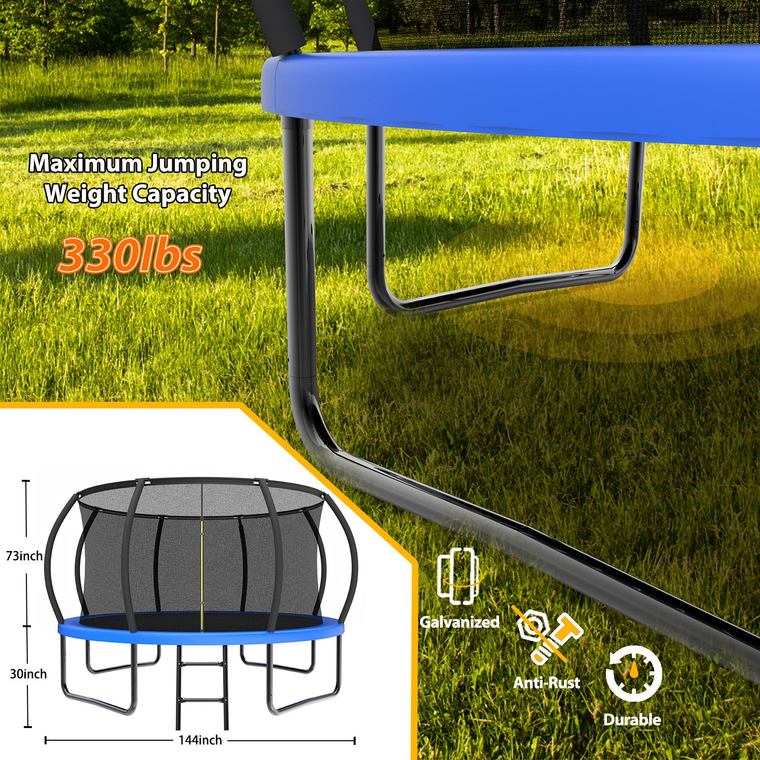 Outdoor pumpkin trampoline safety enclosure net — angle view
