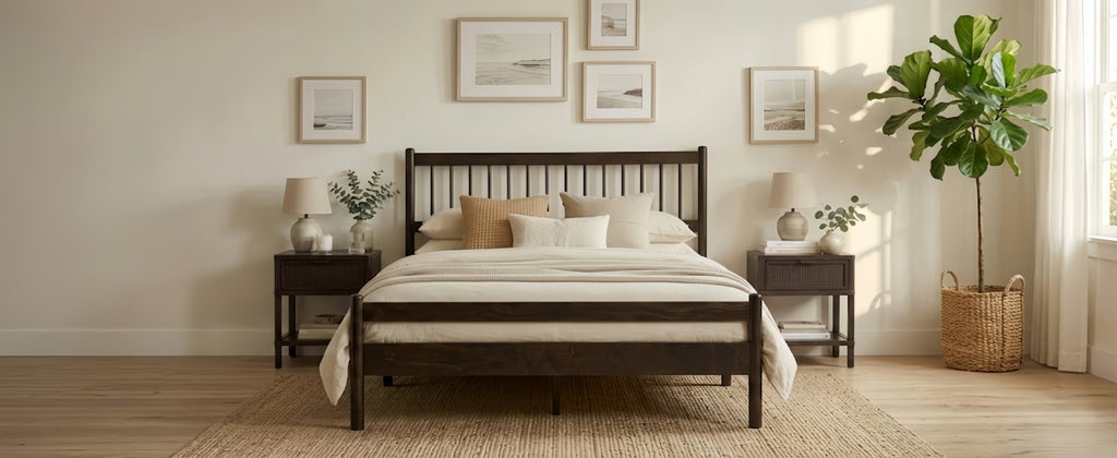 Traditional Style Queen Size Bed with Headboard and Footboard, Pinewood Bed with Strengthened Bed Frame ,Walnut