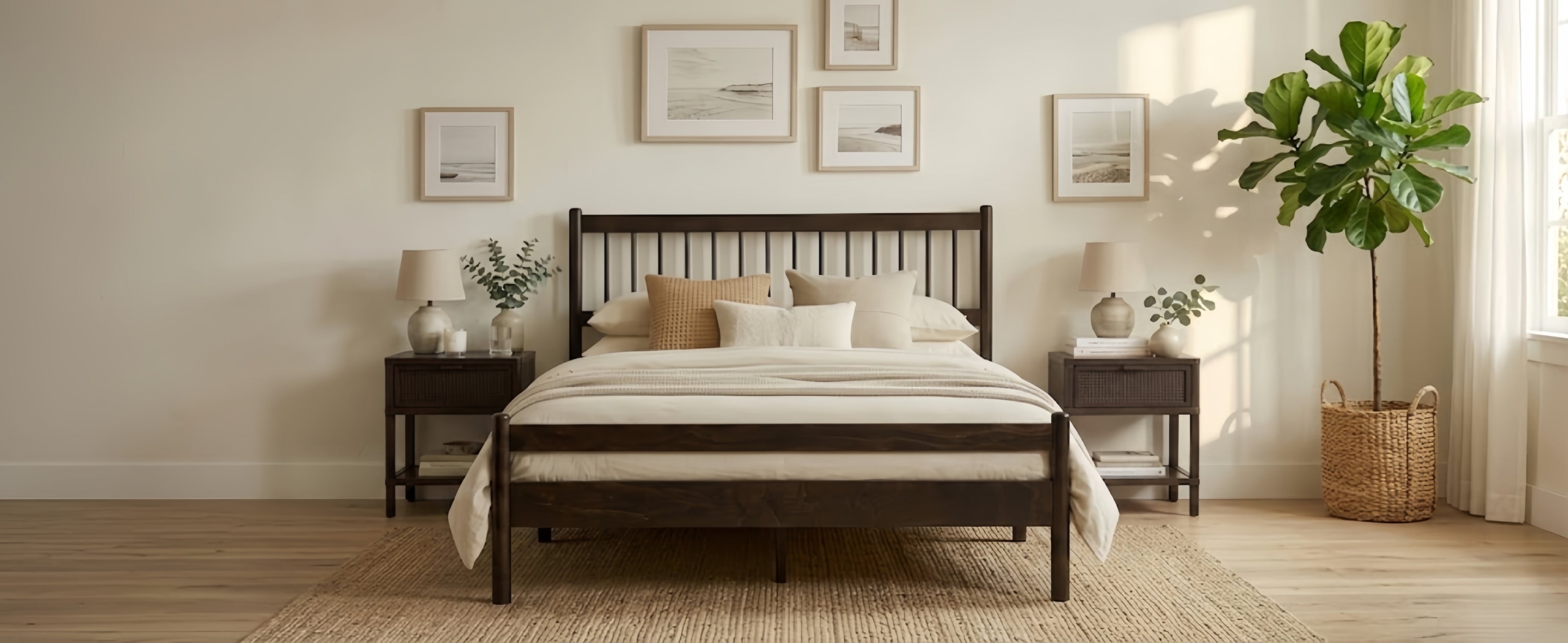 Traditional Style Queen Size Bed with Headboard and Footboard, Pinewood Bed with Strengthened Bed Frame ,Walnut