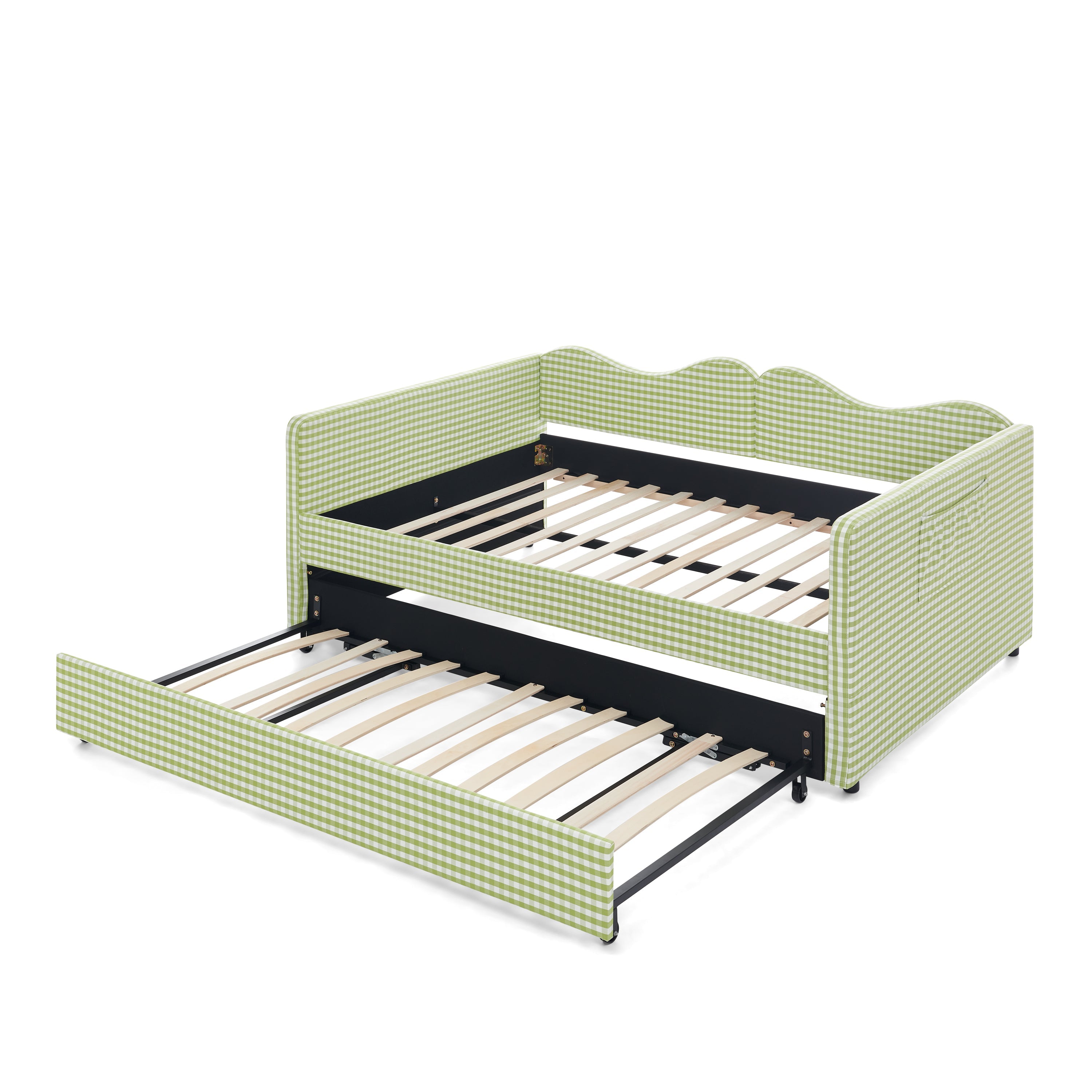 Full‑Size Daybed,Gingham Upholstered Daybed Equipped with Pull-Out Trundle Bed Frame & Side Storage Pocket, Solid Wood Frame Multi-Functional Sofa Bed for Kids Room & Guest Bedroom-PINK