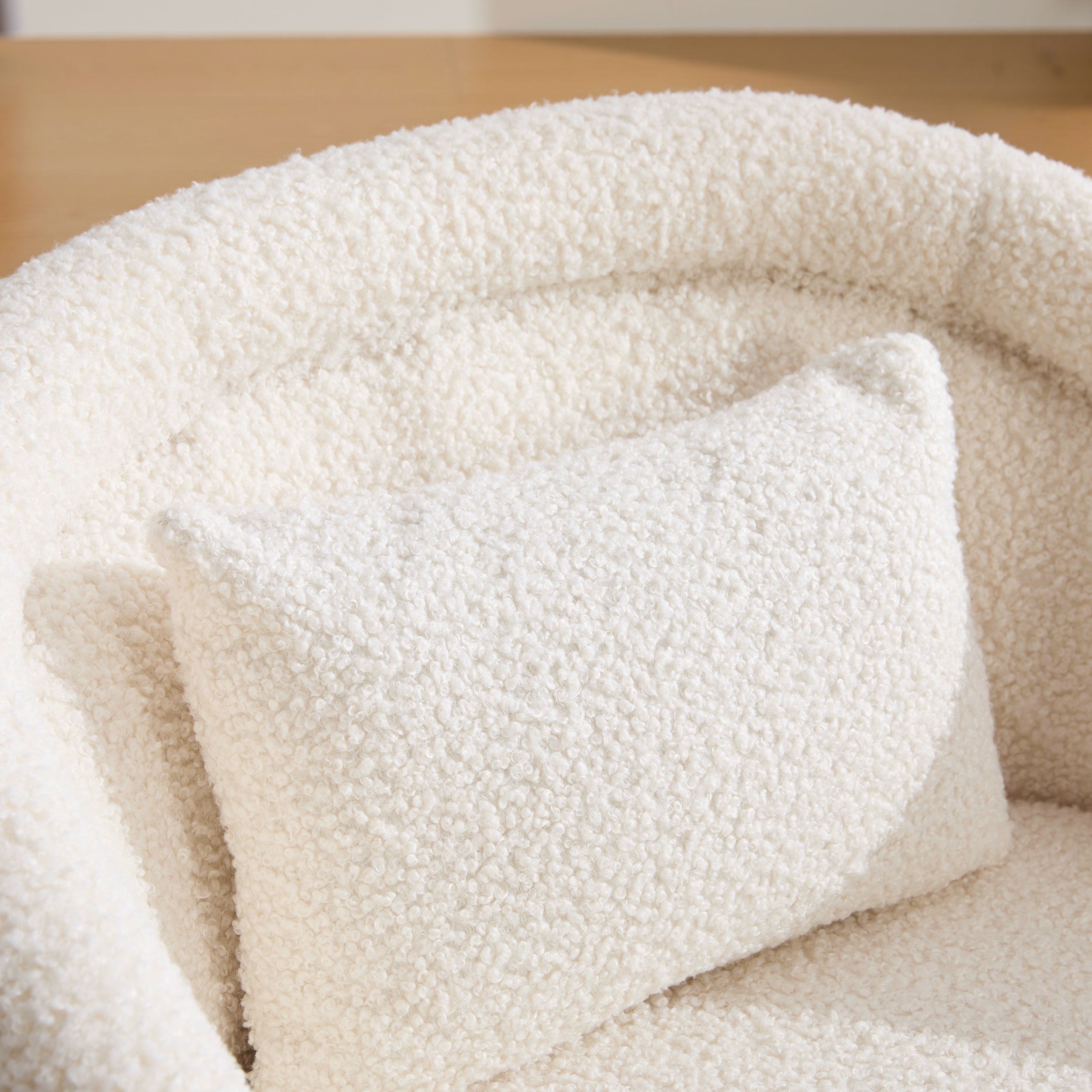 Swivel barrel chair white teddy texture detail