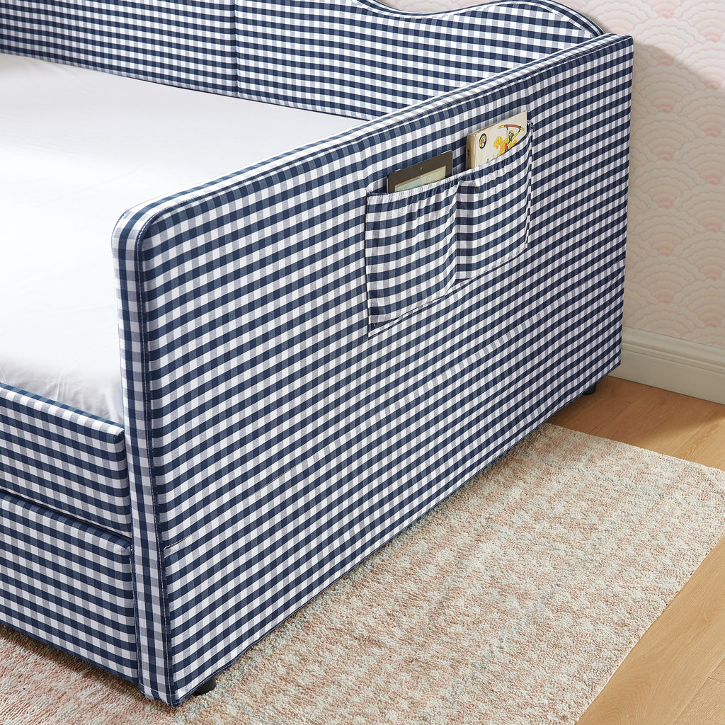 Full‑Size Daybed,Gingham Upholstered Daybed Equipped with Pull-Out Trundle Bed Frame & Side Storage Pocket, Solid Wood Frame Multi-Functional Sofa Bed for Kids Room & Guest Bedroom-PINK