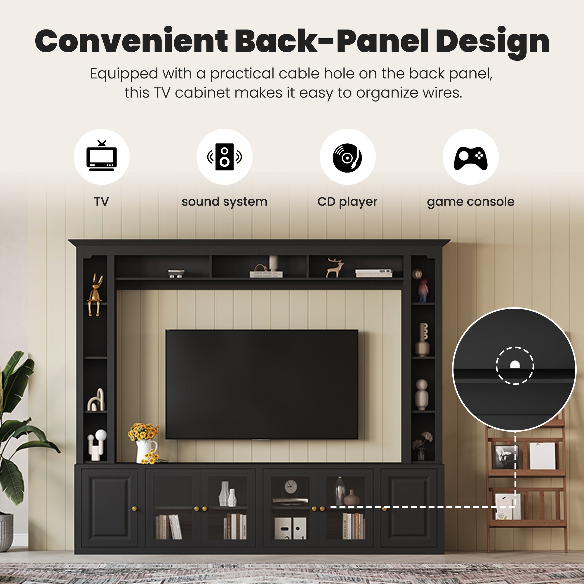 92-inch black TV wall unit with bridge-top design angle view