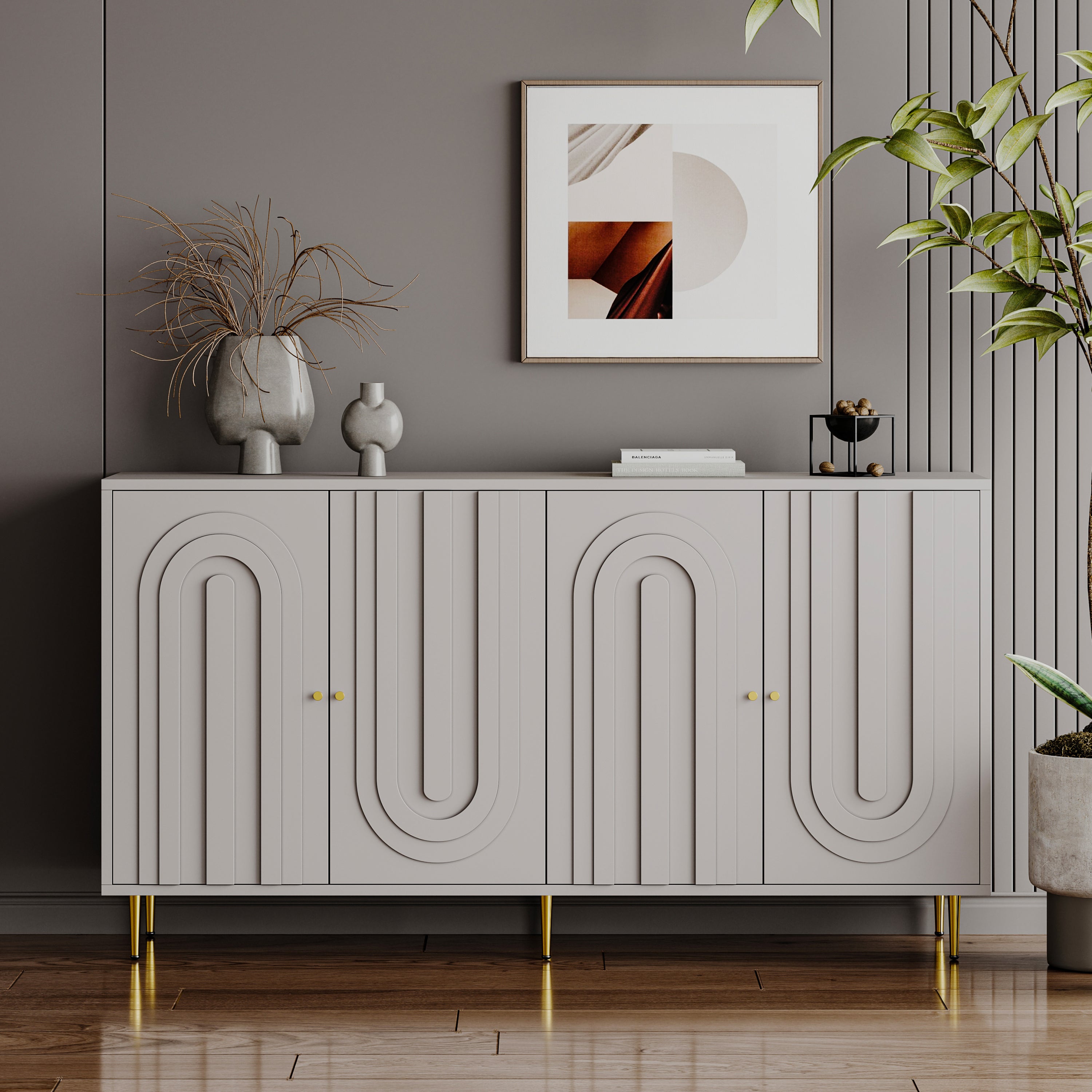 Gray 4-door lacquered sideboard with gold metal legs — front view