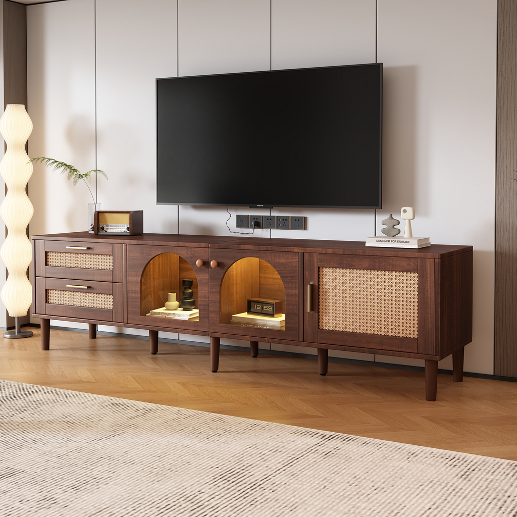 Rattan TV stand with 3 cabinets and 2 drawers for TVs up to 80 inches