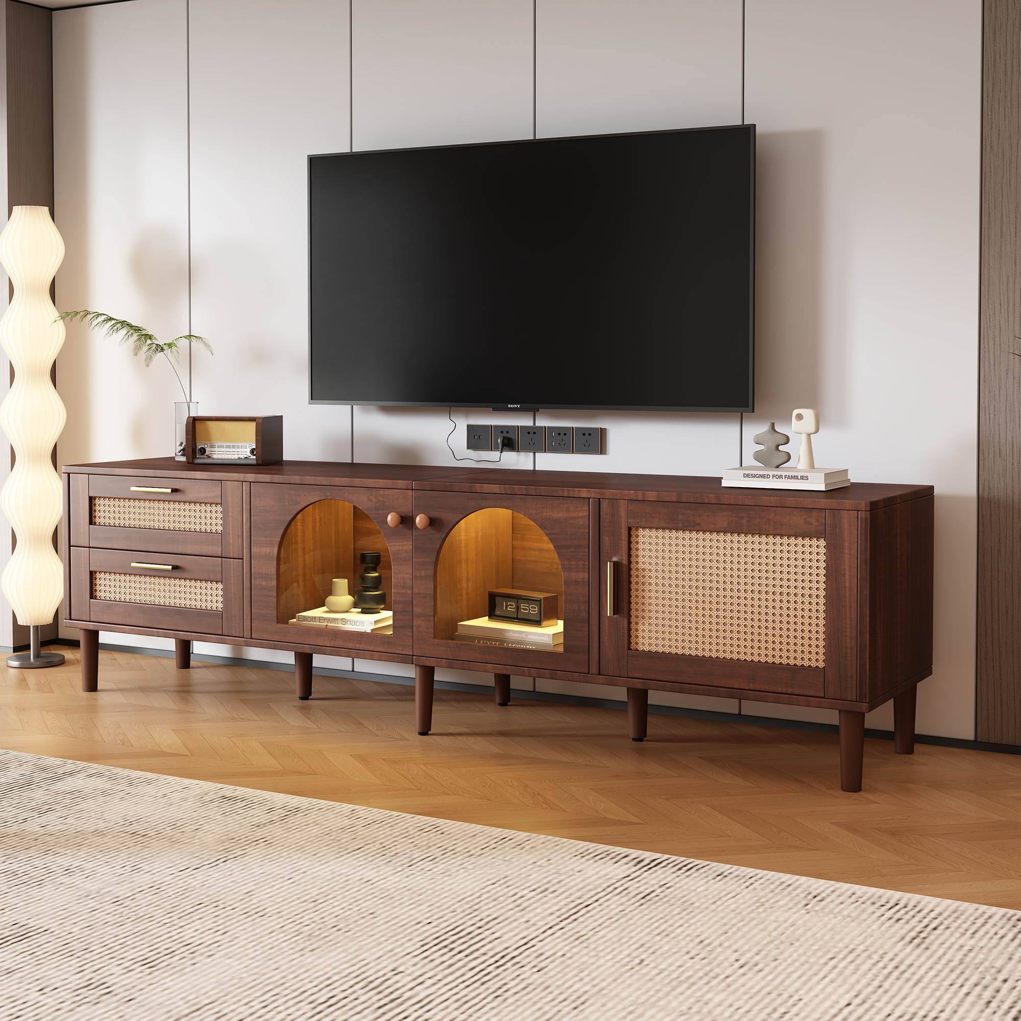 Rattan TV stand with 3 cabinets and 2 drawers for TVs up to 80 inches