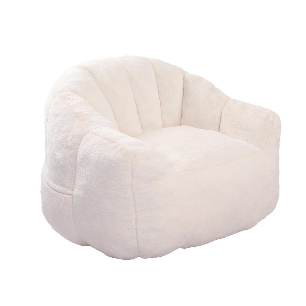 White faux fur bean bag sofa chair with armrests — front view