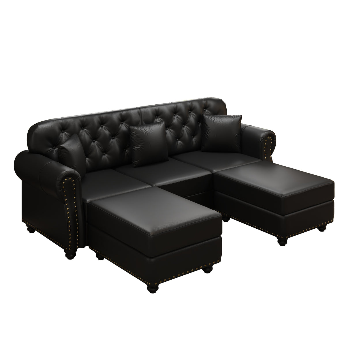 82.6'Upholstered Faux Leather Sofa with Nailhead Trim and Rolled Armrests,Mid-Century Modern Chesterfield Sofa with Button Tufted,Includes 3 Pillows,Black