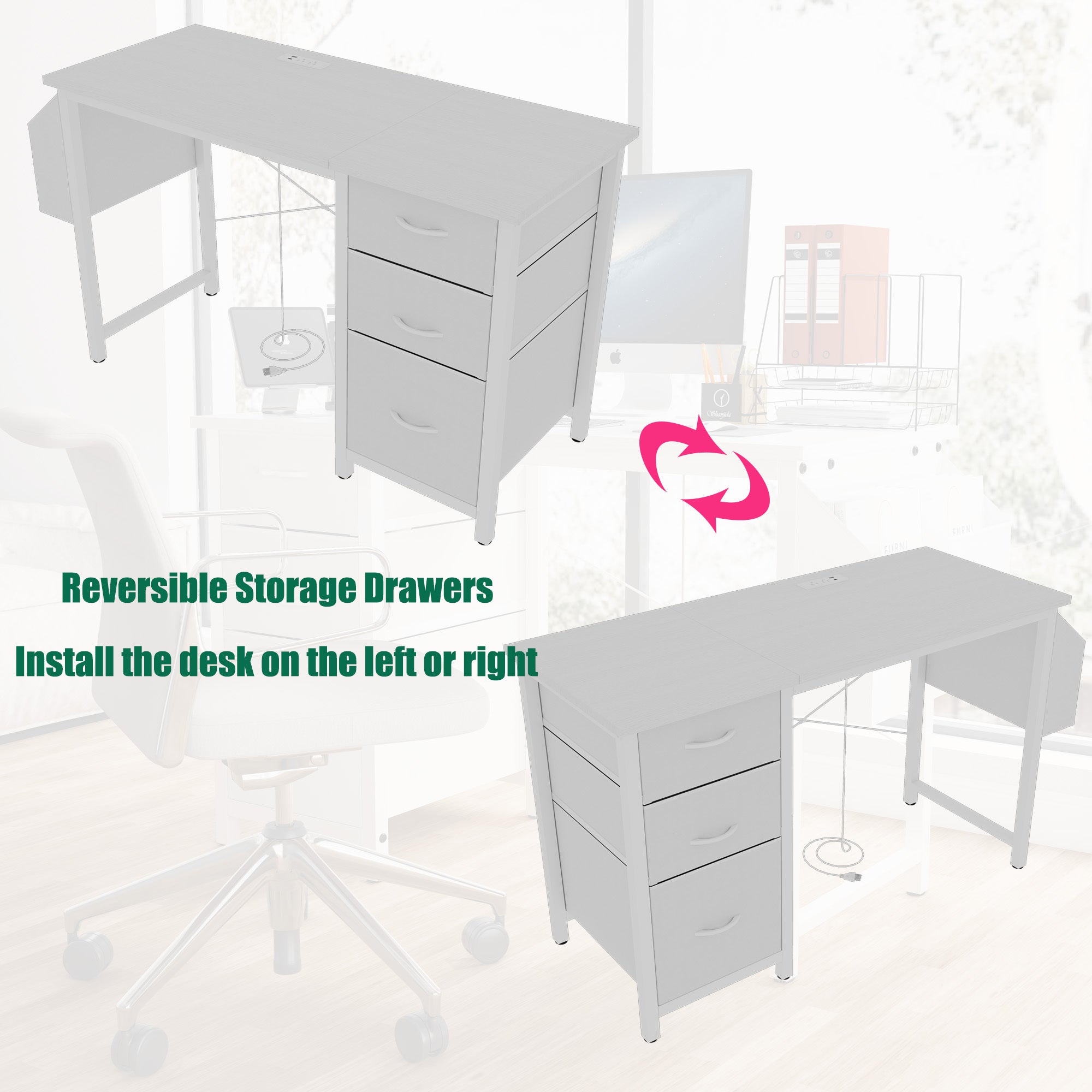White study desk fabric drawer pull-out storage close-up
