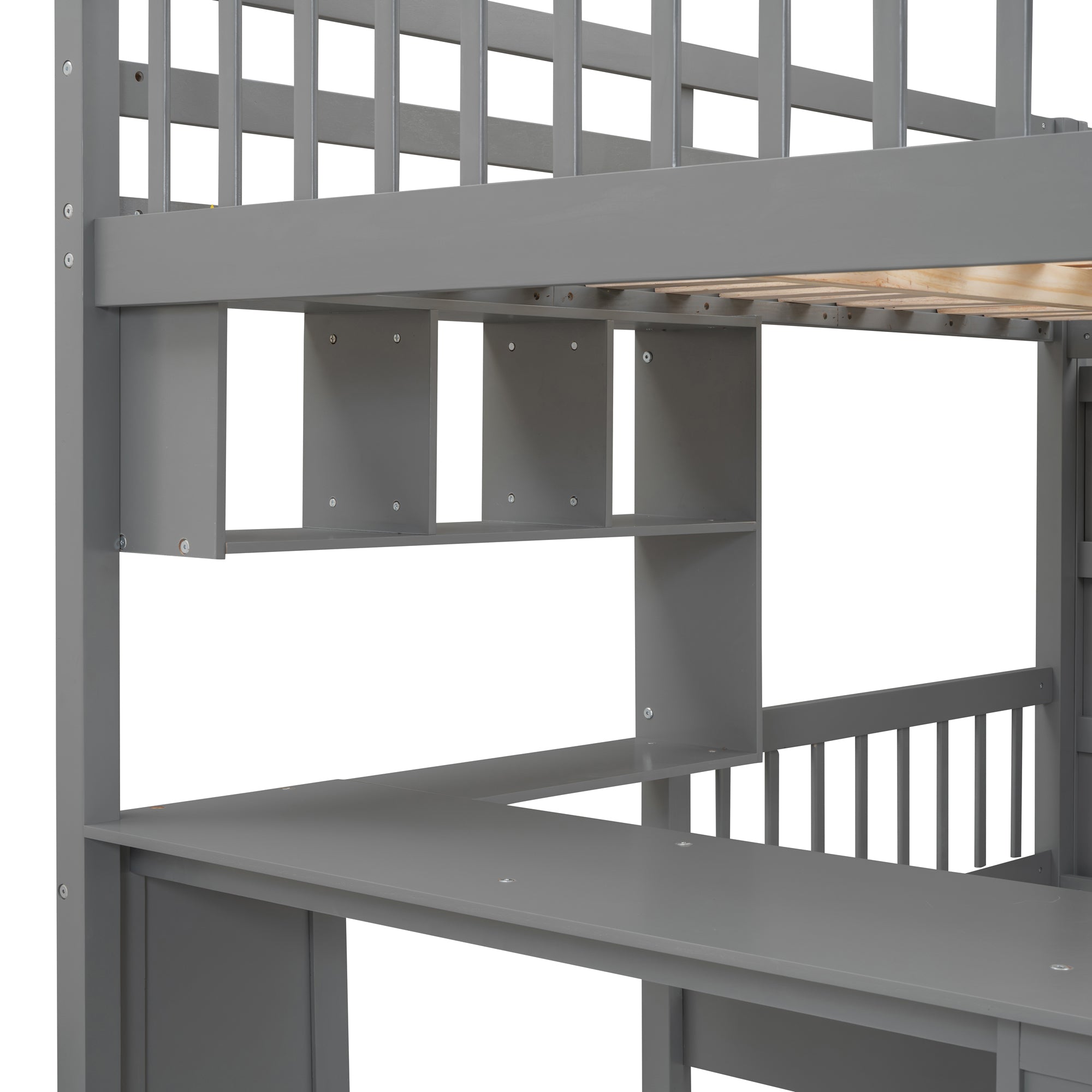 Gray bunk bed with desk drawers and shelves full overview