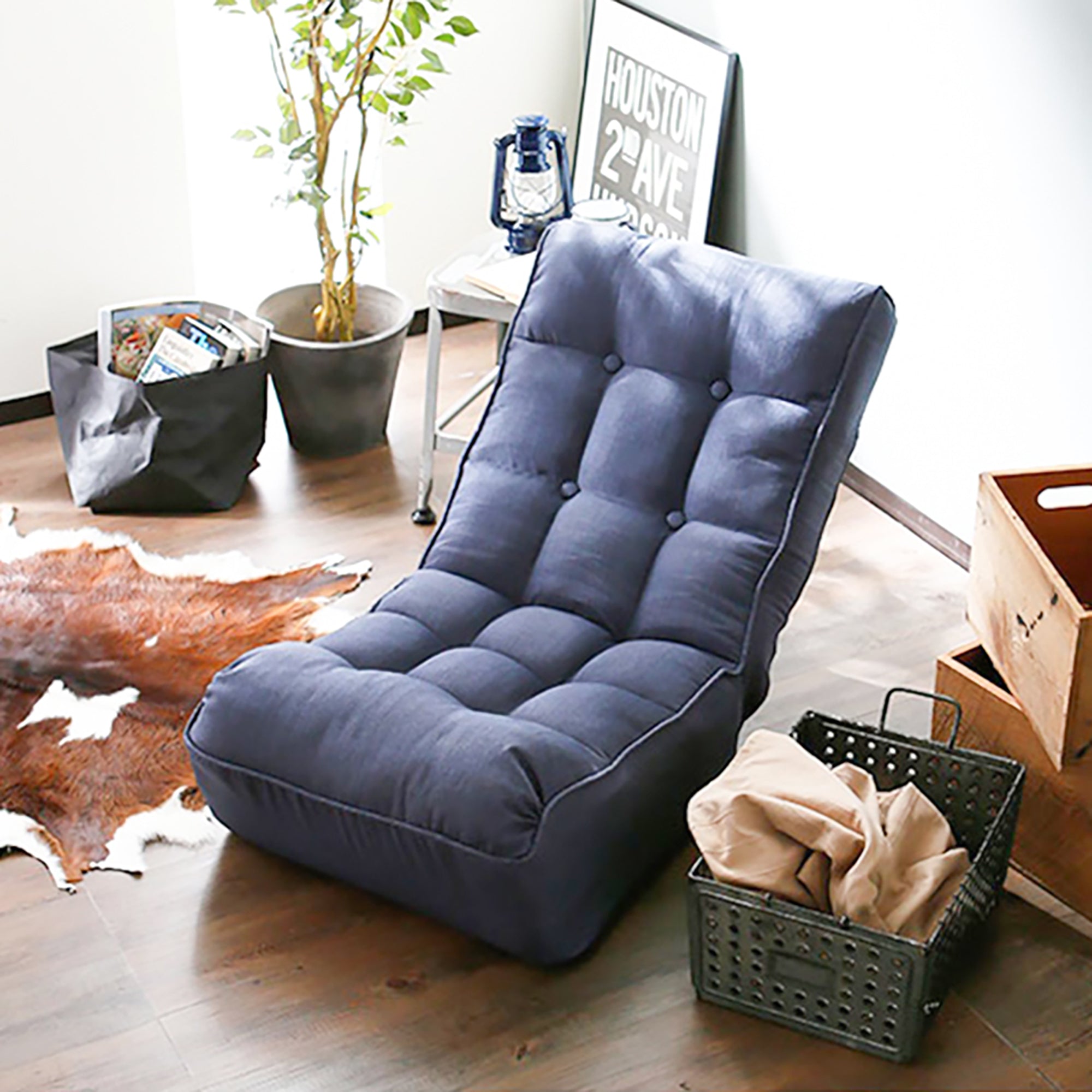 Navy linen floor reclining chair folded packaging view