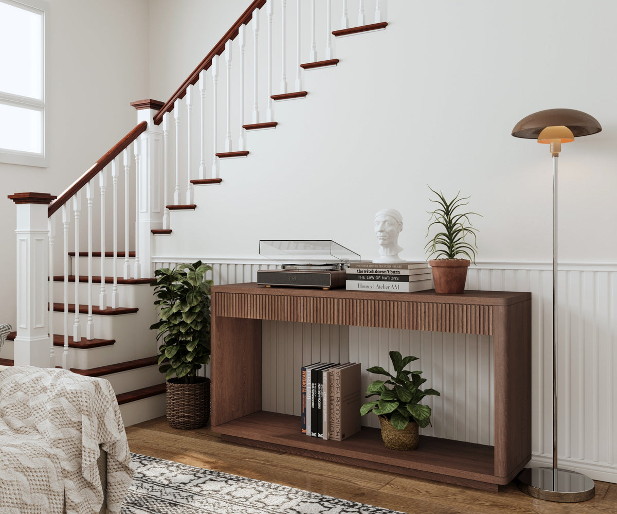 60' Modern 2-Drawer Fluted Console Table Natural Wood Veneer Sofa Table Behind Couch Table for Living Room, Hallway, Entryway, Home Office, Natural Wood