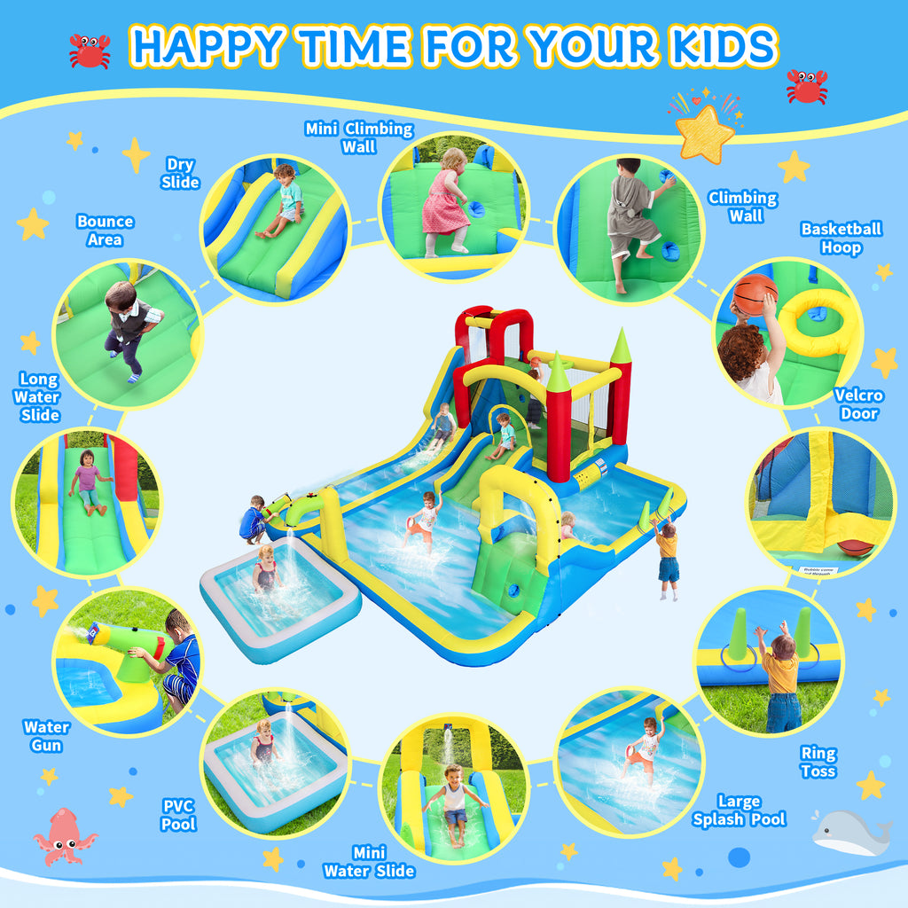 Kids inflatable water slide and pool play center angle view