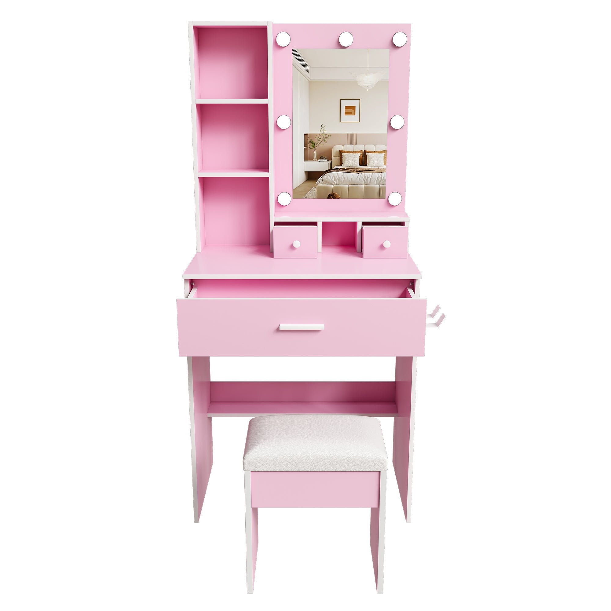Vanity Table with Mirror, Adjustable LED Lights, Power Outlet, Hairdryer Holder & Stool – Compact Dressing Desk for Small Bedrooms