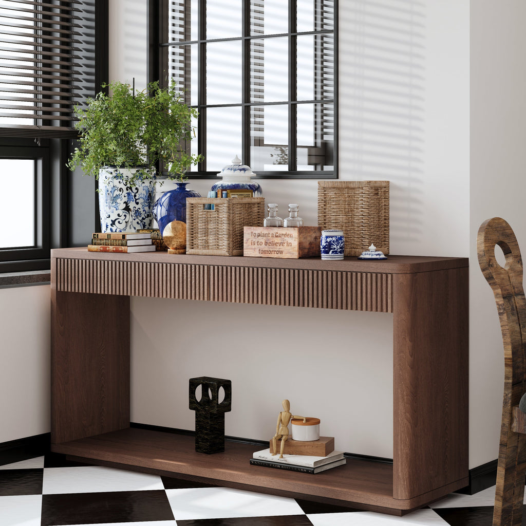 60' Modern 2-Drawer Fluted Console Table Natural Wood Veneer Sofa Table Behind Couch Table for Living Room, Hallway, Entryway, Home Office, Natural Wood