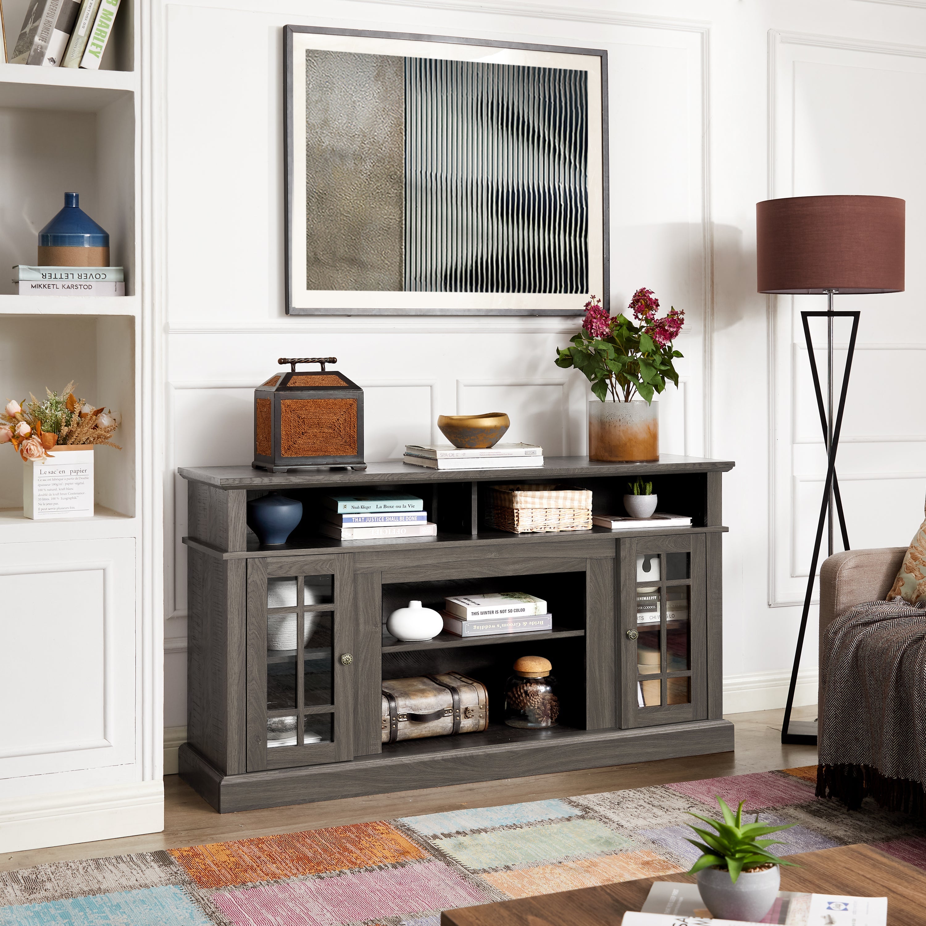 Classic TV Media Stand Modern Entertainment Console for TV Up to 65' with Open and Closed Storage Space, Espresso, 58.25'W*15.75'D*32'H