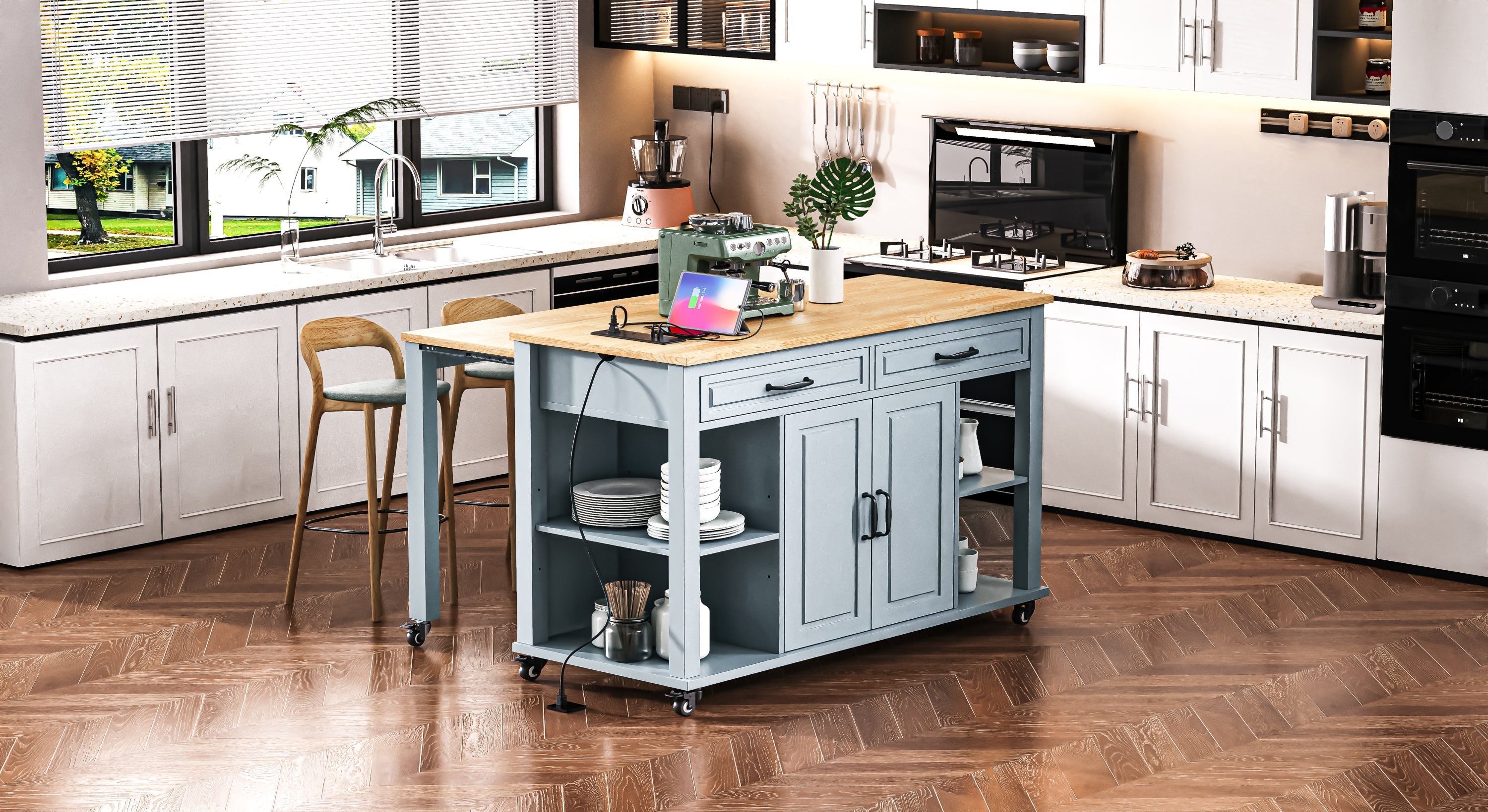K&K 47 inch Kitchen Island with Extendable Dining Table, Rubber Wood Veneer Kitchen Table with Internal Storage Rack, Power Outlet, Kitchen island with Storage 2 Drawers 2 Cabinet, Black