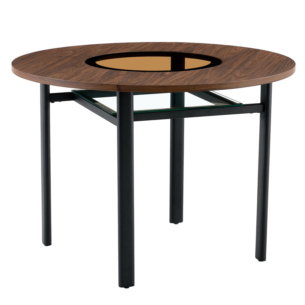 Table and chair set.42 inch modern minimalist brown wood grain round dining table set.Paired with 6 Black Artificial PU Chairs With Curved Widened Cushion Design. Suitable for dining rooms,office,etc.