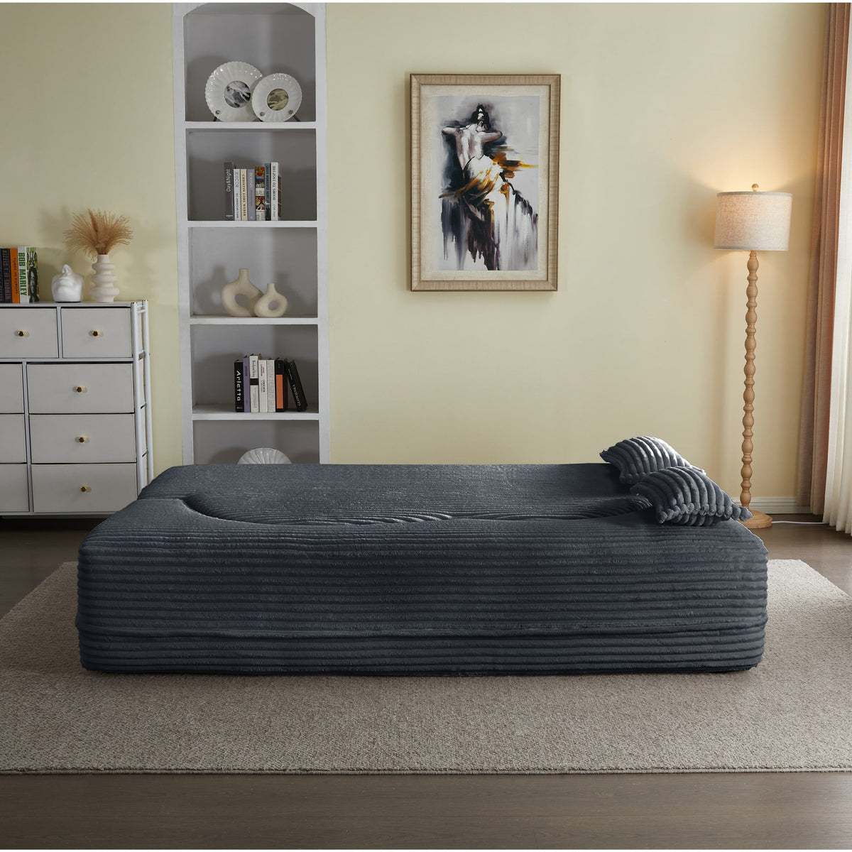 Modern Floor Sofa with 2 Pillows, Convertible Plush Corduroy Foam-Filled Sleeper Sofa Bed,15 ' Full Size Folding Mattress for Living Room, Guest Bed, no assembly required, Light Grey