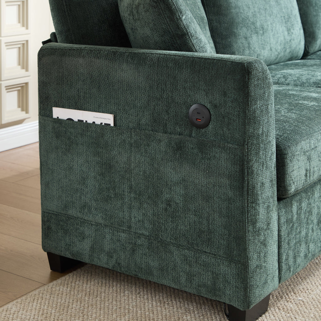 Modern Storage Sofa with Dual USB, 2 Side Pockets,Ottoman Storage Bench Cloud Sectional Chenille Sofa Oversized,4-Seat, L-Shaped Couch,Black