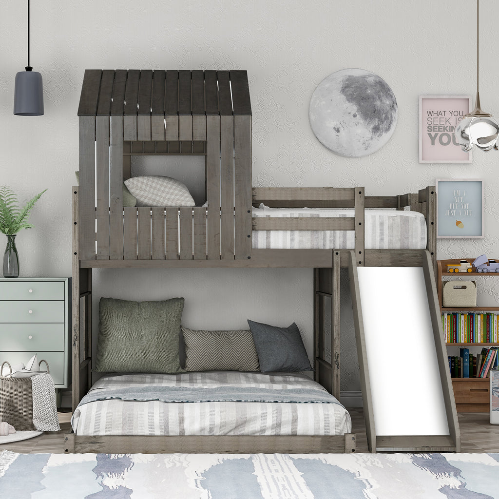 Built-in slide on playhouse bunk bed